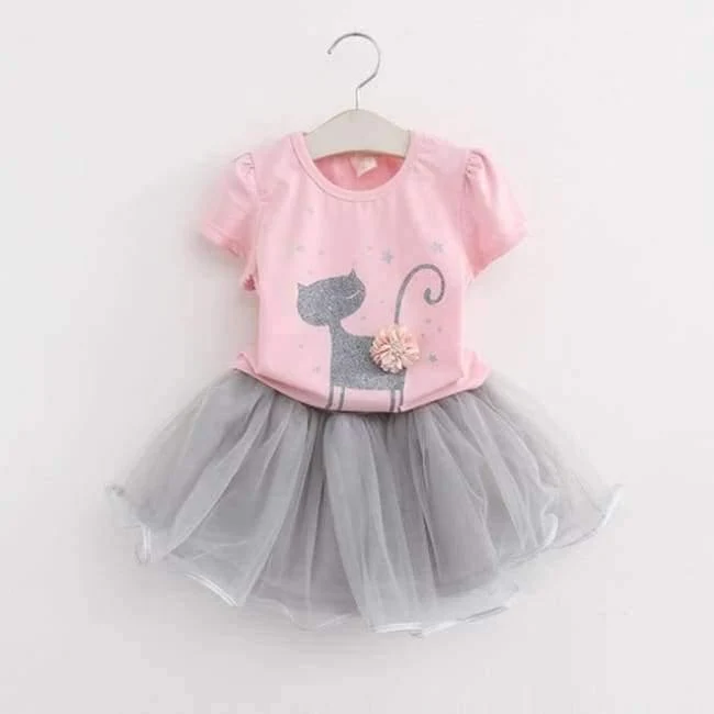 Girls Dress Brand Kids Clothes White Cartoon Short Sleeve T-Shirt+Veil Dress 2Pcs baby girl clothes for 2-6Y