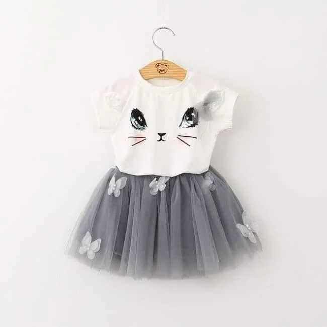 Girls Dress Brand Kids Clothes White Cartoon Short Sleeve T-Shirt+Veil Dress 2Pcs baby girl clothes for 2-6Y