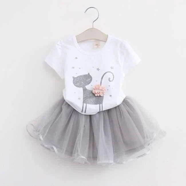 Girls Dress Brand Kids Clothes White Cartoon Short Sleeve T-Shirt+Veil Dress 2Pcs baby girl clothes for 2-6Y