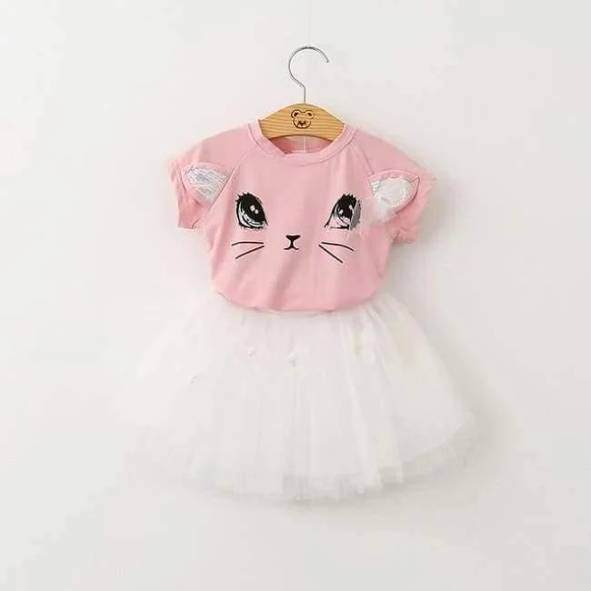 Girls Dress Brand Kids Clothes White Cartoon Short Sleeve T-Shirt+Veil Dress 2Pcs baby girl clothes for 2-6Y
