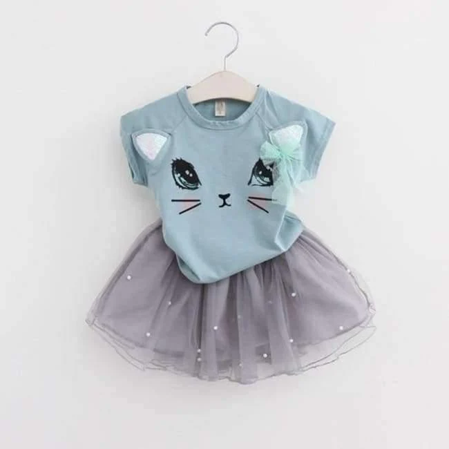 Girls Dress Brand Kids Clothes White Cartoon Short Sleeve T-Shirt+Veil Dress 2Pcs baby girl clothes for 2-6Y