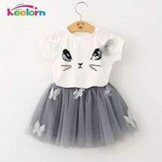 Girls Dress Brand Kids Clothes White Cartoon Short Sleeve T-Shirt+Veil Dress 2Pcs baby girl clothes for 2-6Y