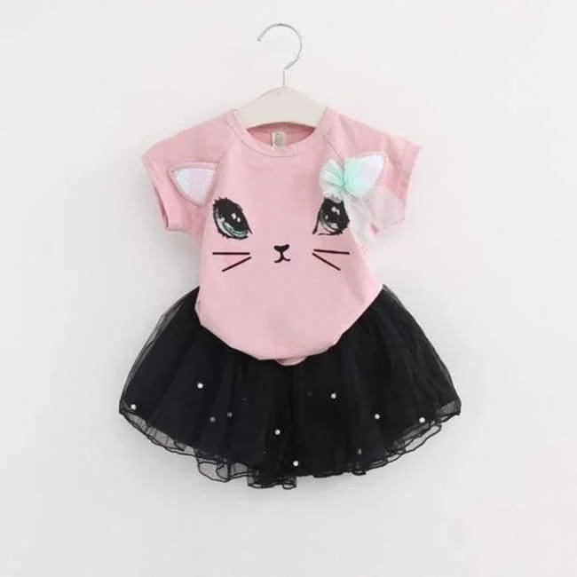 Girls Dress Brand Kids Clothes White Cartoon Short Sleeve T-Shirt+Veil Dress 2Pcs baby girl clothes for 2-6Y