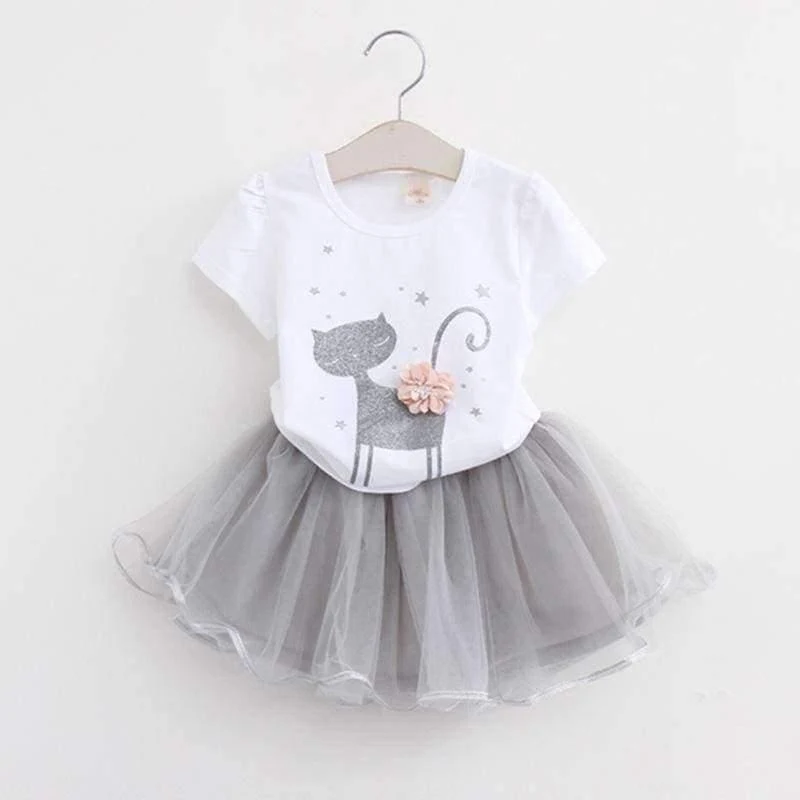 Girls Dress Brand Kids Clothes White Cartoon Short Sleeve T-Shirt+Veil Dress 2Pcs baby girl clothes for 2-6Y