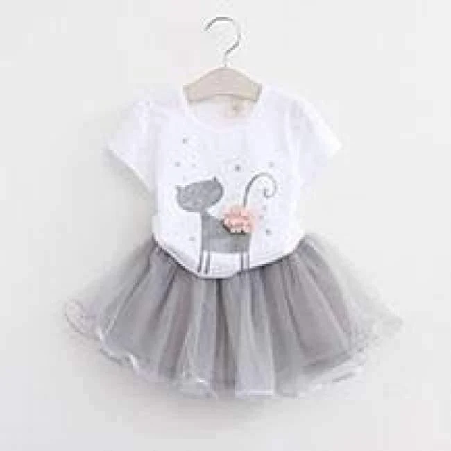 Girls Dress Brand Kids Clothes White Cartoon Short Sleeve T-Shirt+Veil Dress 2Pcs baby girl clothes for 2-6Y
