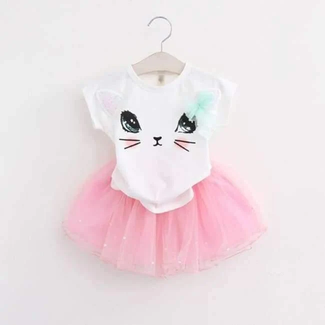 Girls Dress Brand Kids Clothes White Cartoon Short Sleeve T-Shirt+Veil Dress 2Pcs baby girl clothes for 2-6Y