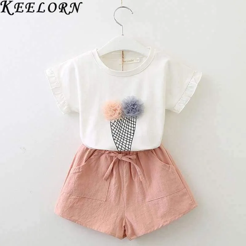 Girls Dress Brand Kids Clothes White Cartoon Short Sleeve T-Shirt+Veil Dress 2Pcs baby girl clothes for 2-6Y
