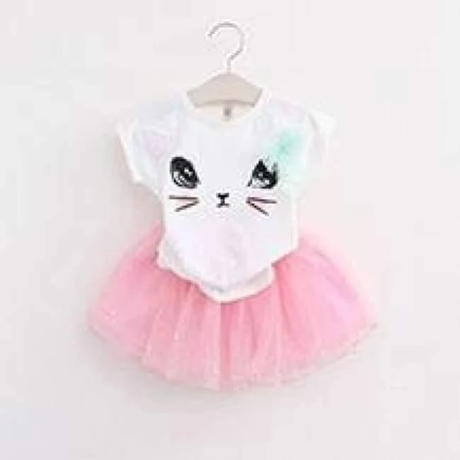 Girls Dress Brand Kids Clothes White Cartoon Short Sleeve T-Shirt+Veil Dress 2Pcs baby girl clothes for 2-6Y