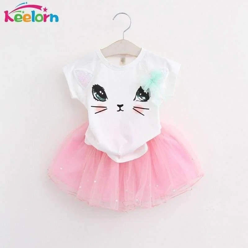 Girls Dress Brand Kids Clothes White Cartoon Short Sleeve T-Shirt+Veil Dress 2Pcs baby girl clothes for 2-6Y
