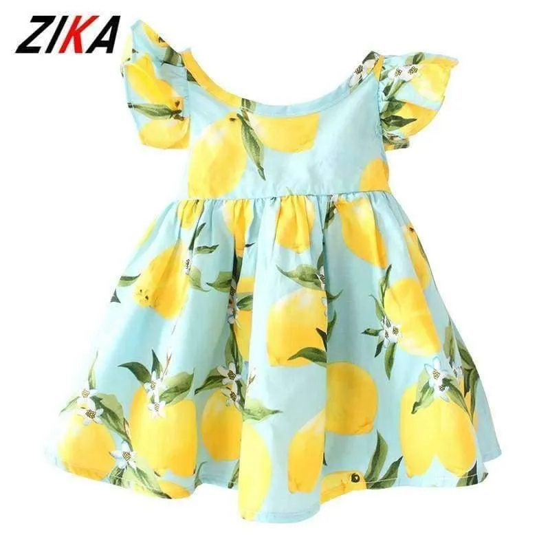 Summer Fly Sleeve Sundress Lemon Pattern Baby Girls Dresses Fashion Children Clothes Christmas Gifts