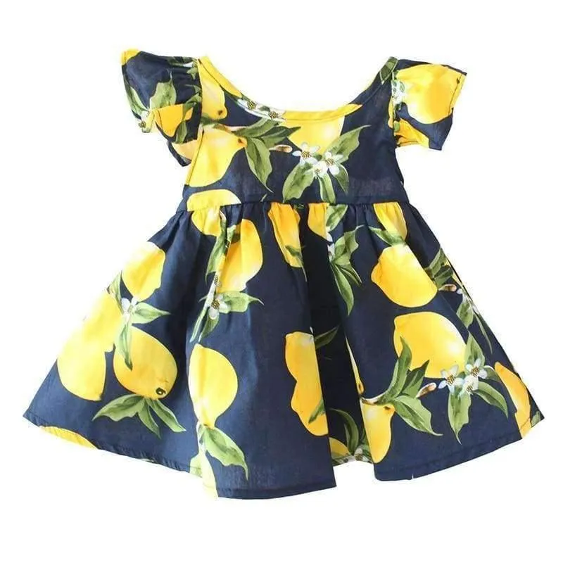 Summer Fly Sleeve Sundress Lemon Pattern Baby Girls Dresses Fashion Children Clothes Christmas Gifts