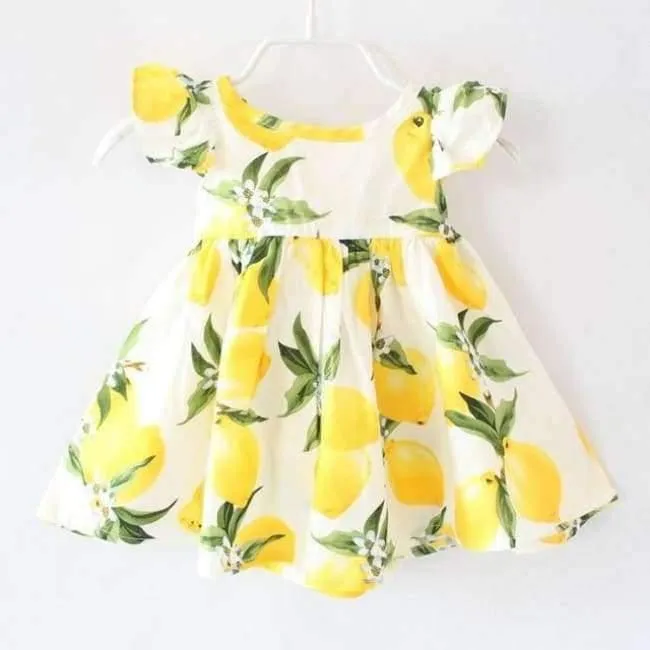 Summer Fly Sleeve Sundress Lemon Pattern Baby Girls Dresses Fashion Children Clothes Christmas Gifts