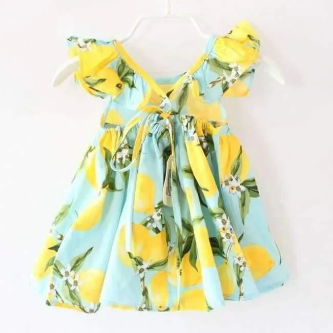 Summer Fly Sleeve Sundress Lemon Pattern Baby Girls Dresses Fashion Children Clothes Christmas Gifts