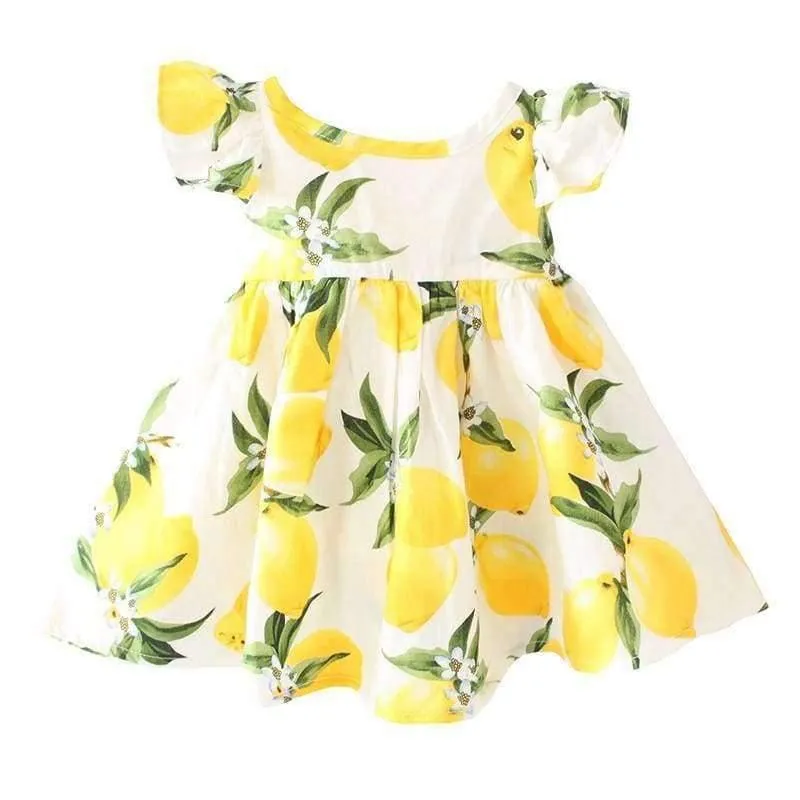 Summer Fly Sleeve Sundress Lemon Pattern Baby Girls Dresses Fashion Children Clothes Christmas Gifts