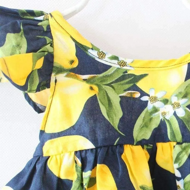 Summer Fly Sleeve Sundress Lemon Pattern Baby Girls Dresses Fashion Children Clothes Christmas Gifts