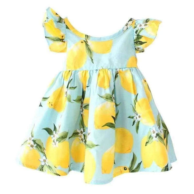 Summer Fly Sleeve Sundress Lemon Pattern Baby Girls Dresses Fashion Children Clothes Christmas Gifts
