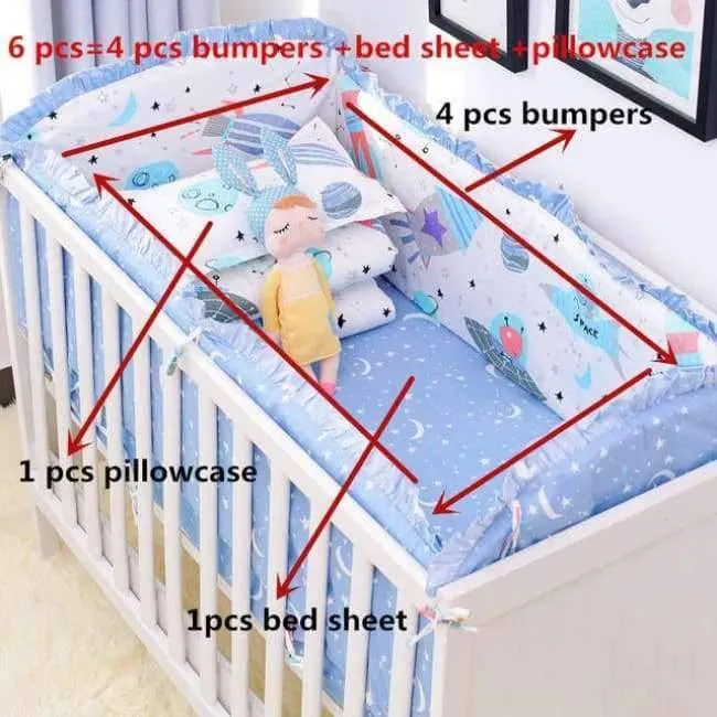 6pcs / set Blau Universum Design Krippe Bettwäsche Set Baumwolle Kleinkind Baby-bettwäsche Enthalten Babybett Stoßstangen Bettlaken kissenbezug