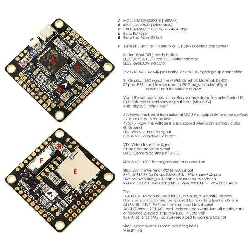 Matek F405-STD BetaFlight STM32F405 Flight Controller Eingebauter OSD-Inverter für RC Multirotor FPV Racing Drone Ersatzteile