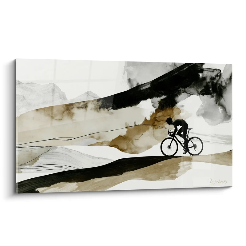 Tableau Cycliste noir sur paysage aquarelle beige et brun - Silhouette près des montagnes - Edition VTT