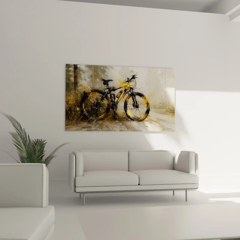 Tableau VTT jaune et noir sur chemin forestier - Halte forestière - Edition VTT