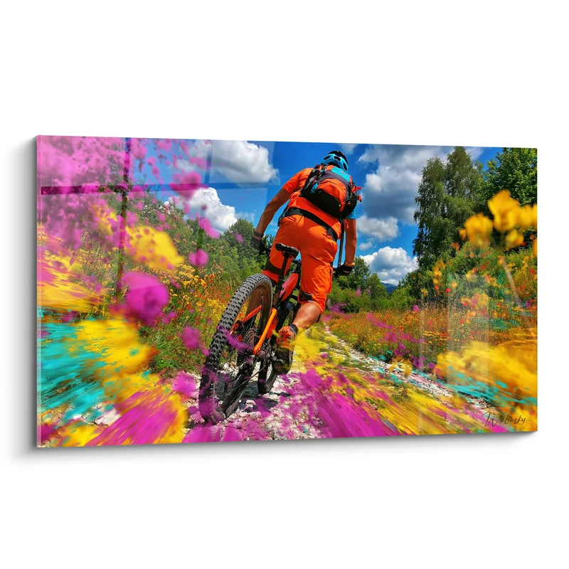 Tableau Cycliste orange sur sentier explosion rose et jaune - Explosion d'adrénaline - Edition VTT