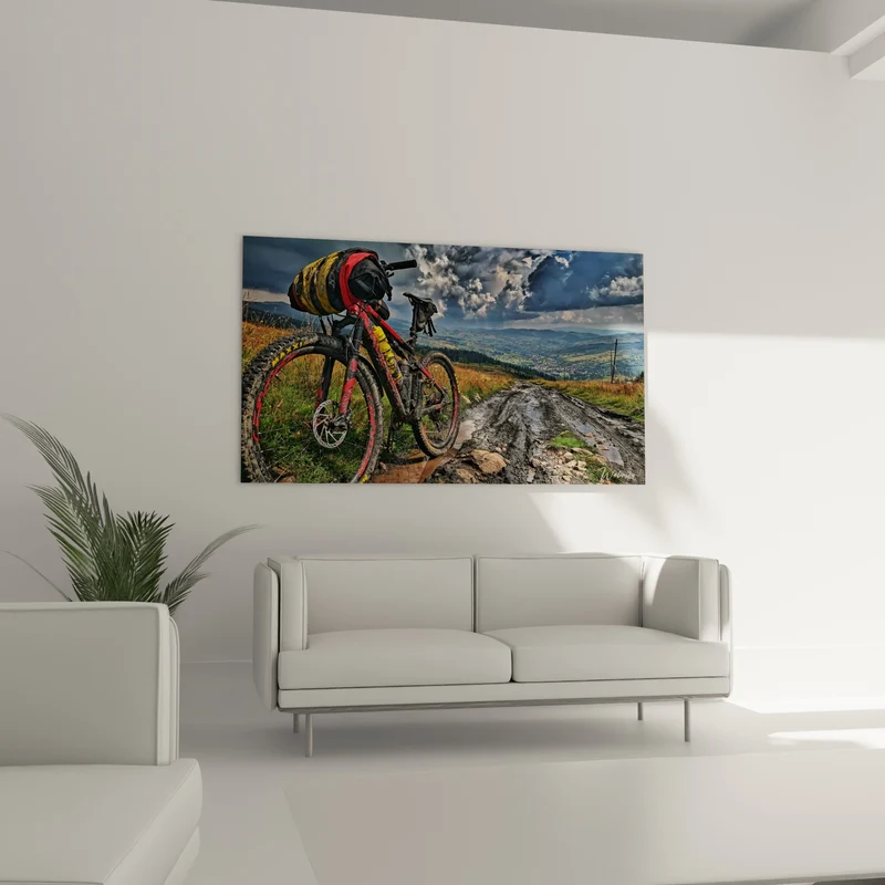 Tableau VTT rouge et noir sur chemin boueux - Halte avant l'orage - Edition VTT