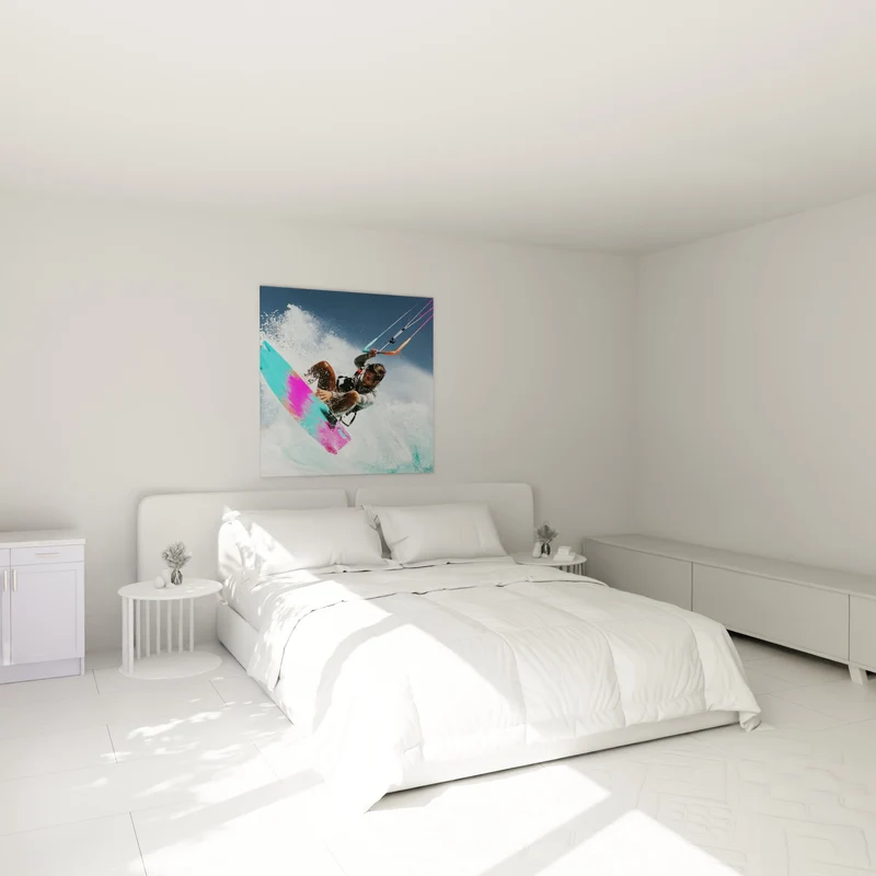 Tableau Kitesurfeur planche turquoise et rose fuchsia - Envol au-dessus des flots - Edition Kite surf