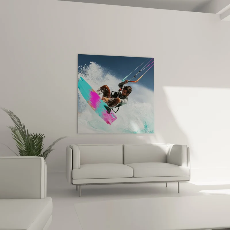 Tableau Kitesurfeur planche turquoise et rose fuchsia - Envol au-dessus des flots - Edition Kite surf