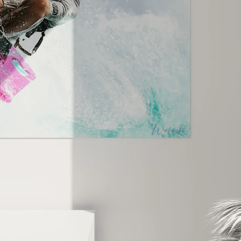 Tableau Kitesurfeur planche turquoise et rose fuchsia - Envol au-dessus des flots - Edition Kite surf