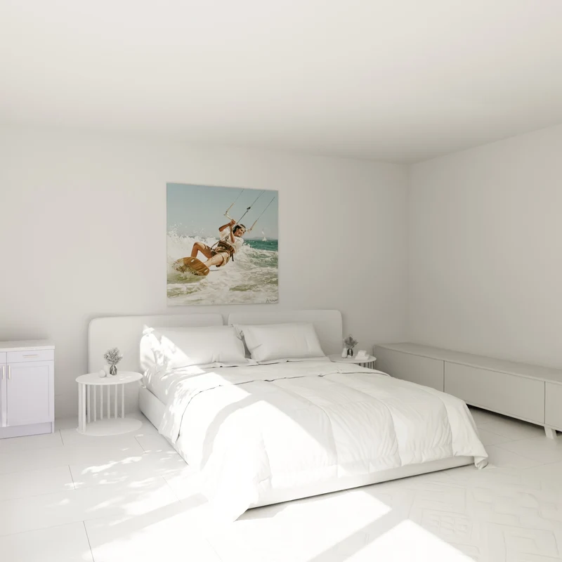 Tableau Kitesurfeuse bleu et ocre sur planche bois - Glisse en liberté - Edition Kite surf