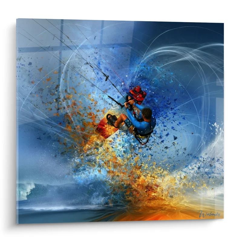 Tableau Kitesurfeur explosion bleu et orange - Envol suspendu - Edition Kite surf