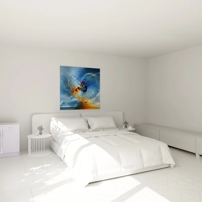 Tableau Kitesurfeur explosion bleu et orange - Envol suspendu - Edition Kite surf