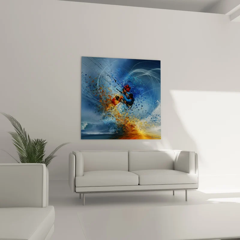 Tableau Kitesurfeur explosion bleu et orange - Envol suspendu - Edition Kite surf
