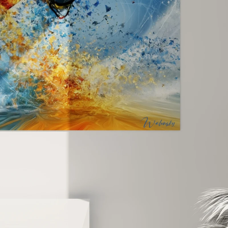 Tableau Kitesurfeur explosion bleu et orange - Envol suspendu - Edition Kite surf