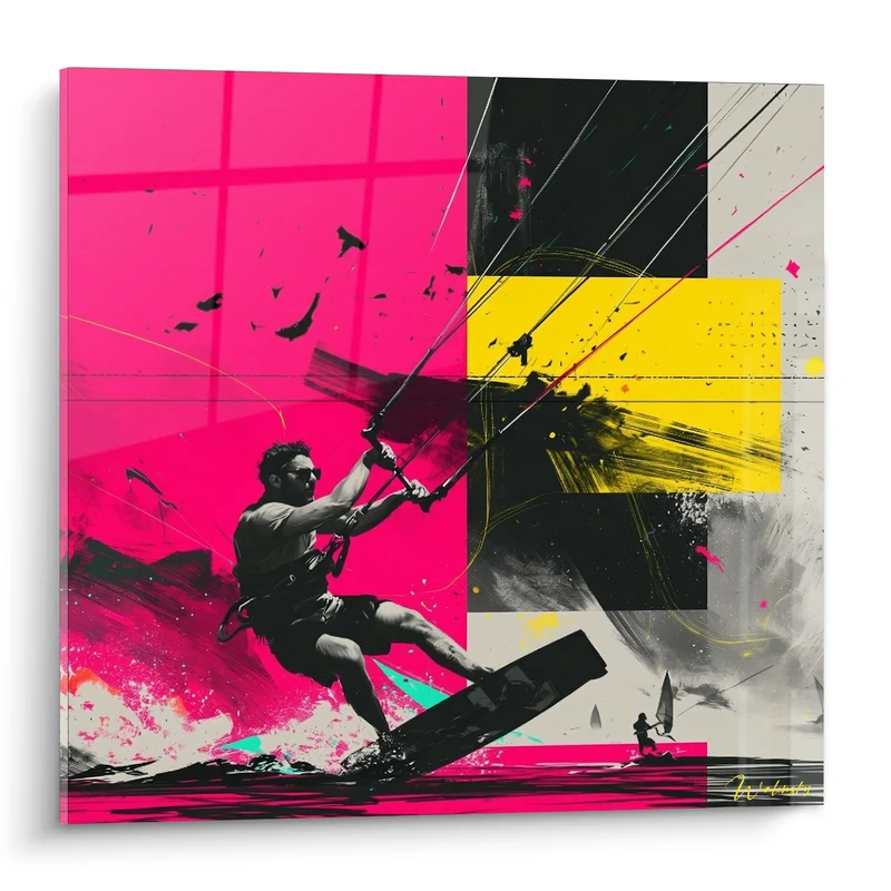 Tableau Kitesurfeur en action rose et jaune - Saut fulgurant - Edition Kite surf