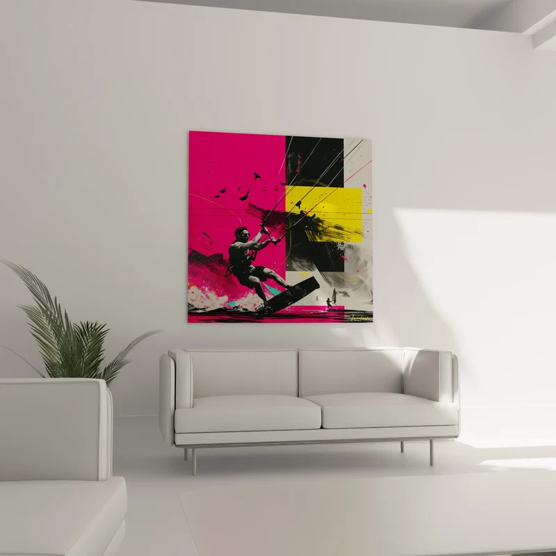 Tableau Kitesurfeur en action rose et jaune - Saut fulgurant - Edition Kite surf