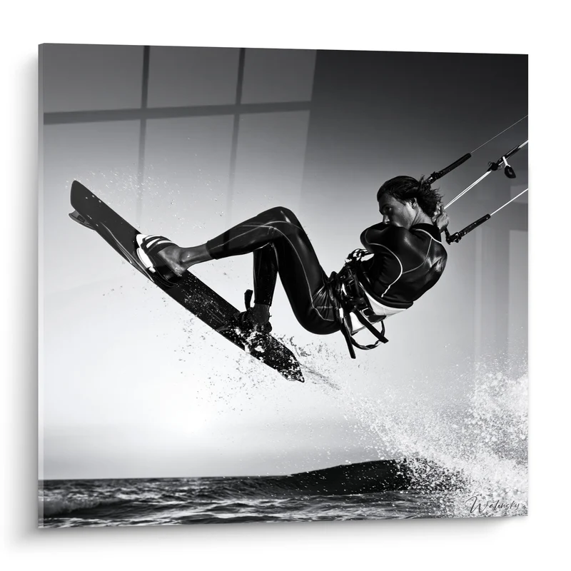 Tableau Kitesurfeur noir et blanc contre fond quadrillé - Combinaison en néoprène - Edition Kite surf