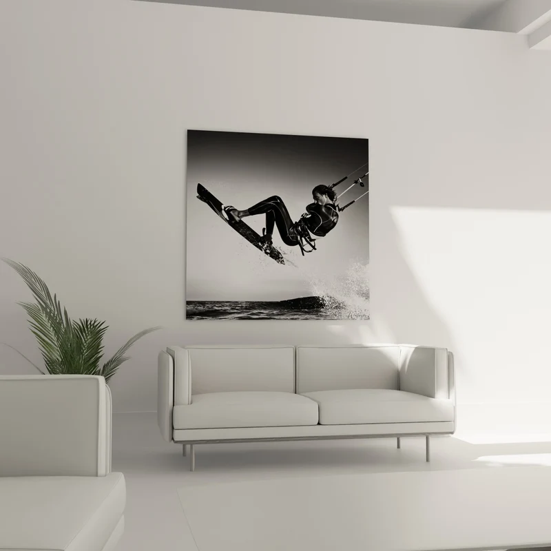 Tableau Kitesurfeur noir et blanc contre fond quadrillé - Combinaison en néoprène - Edition Kite surf