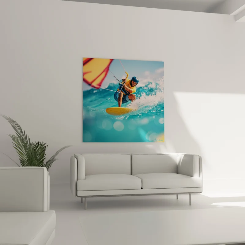 Tableau Kitesurfeur casque bleu planche jaune - Saut océanique - Edition Kite surf