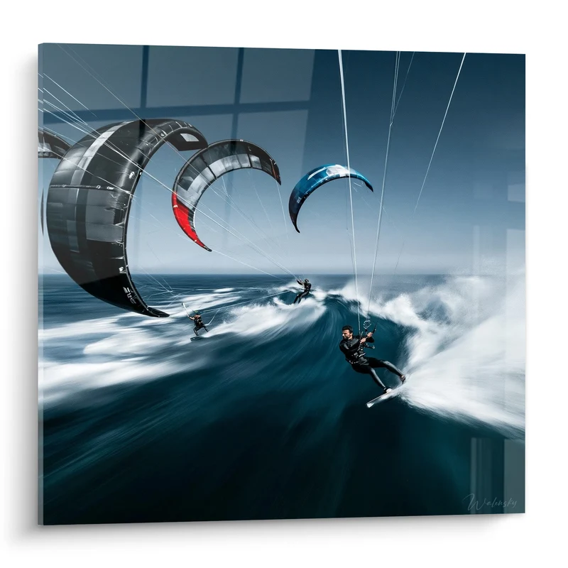 Tableau Kitesurfeurs bleu marine et noir sur vagues - Chevauchée océanique - Edition Kite surf