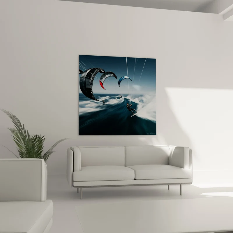 Tableau Kitesurfeurs bleu marine et noir sur vagues - Chevauchée océanique - Edition Kite surf