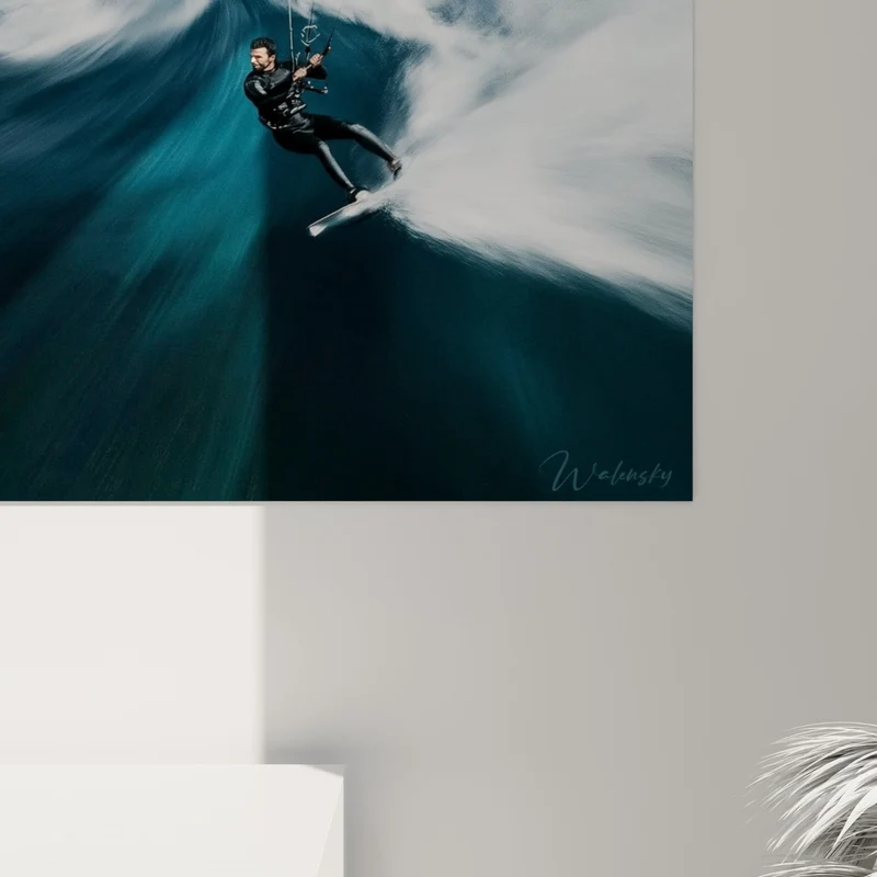 Tableau Kitesurfeurs bleu marine et noir sur vagues - Chevauchée océanique - Edition Kite surf