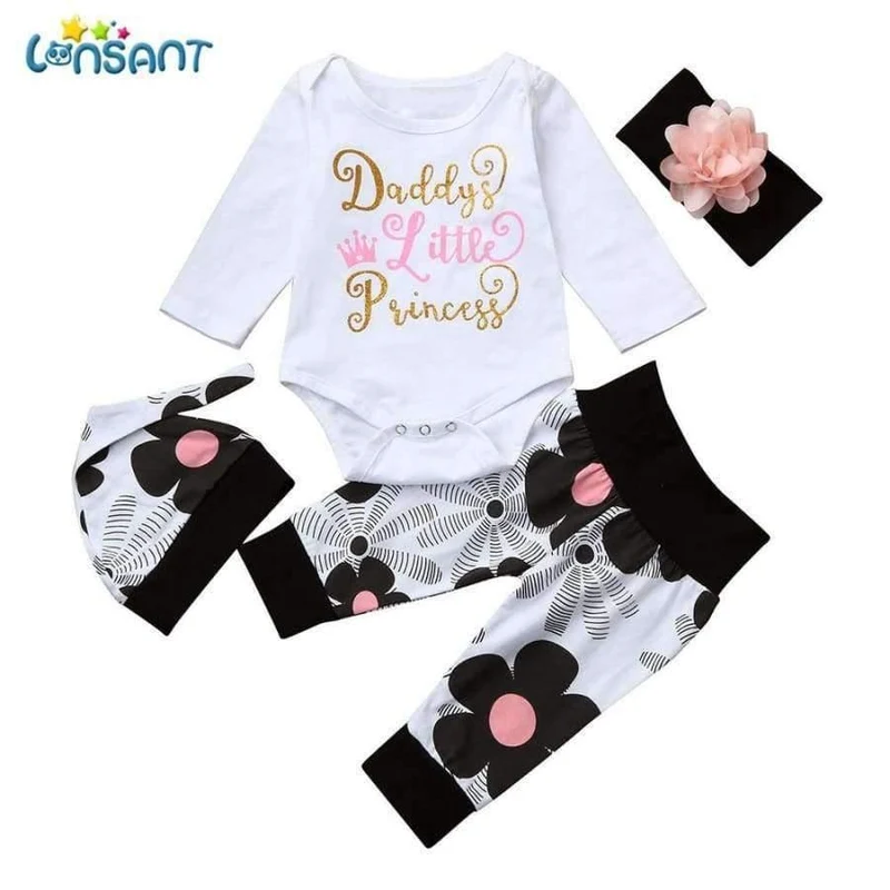 Newborn Infant Baby Girl Letter Long Sleeve Casual Romper Tops+Floral Pants Hat 4Pcs Girls Clothes