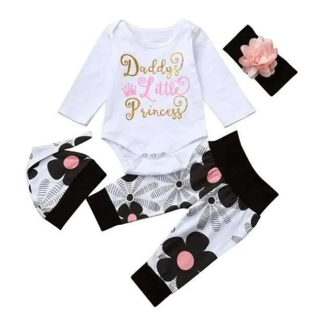 Newborn Infant Baby Girl Letter Long Sleeve Casual Romper Tops+Floral Pants Hat 4Pcs Girls Clothes