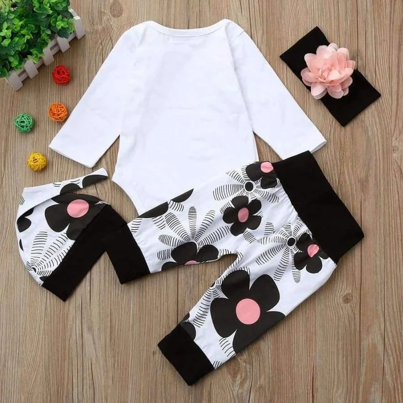Newborn Infant Baby Girl Letter Long Sleeve Casual Romper Tops+Floral Pants Hat 4Pcs Girls Clothes