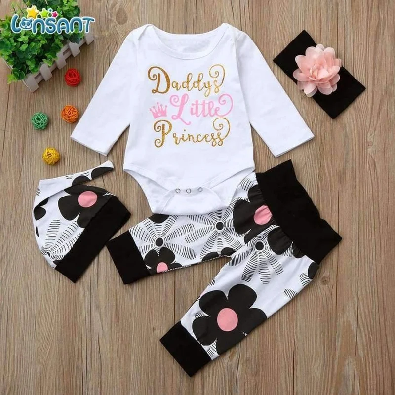 Newborn Infant Baby Girl Letter Long Sleeve Casual Romper Tops+Floral Pants Hat 4Pcs Girls Clothes