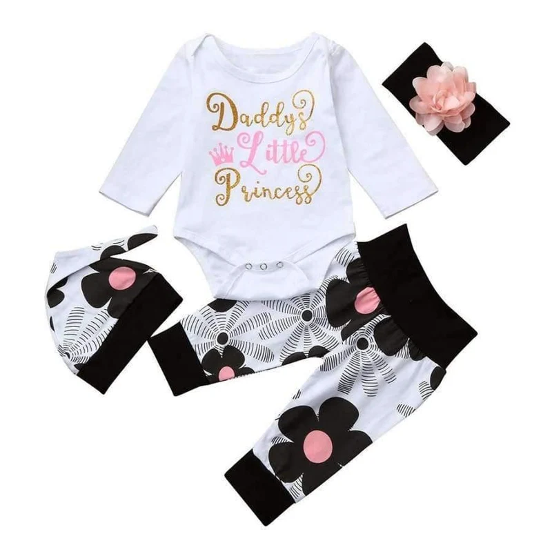 Newborn Infant Baby Girl Letter Long Sleeve Casual Romper Tops+Floral Pants Hat 4Pcs Girls Clothes