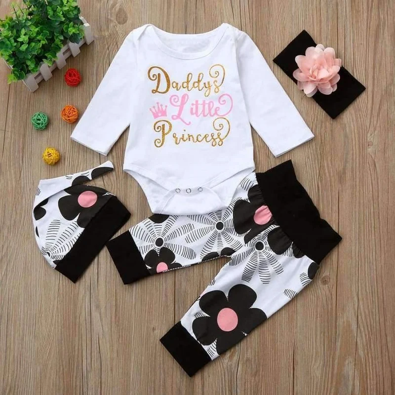 Newborn Infant Baby Girl Letter Long Sleeve Casual Romper Tops+Floral Pants Hat 4Pcs Girls Clothes