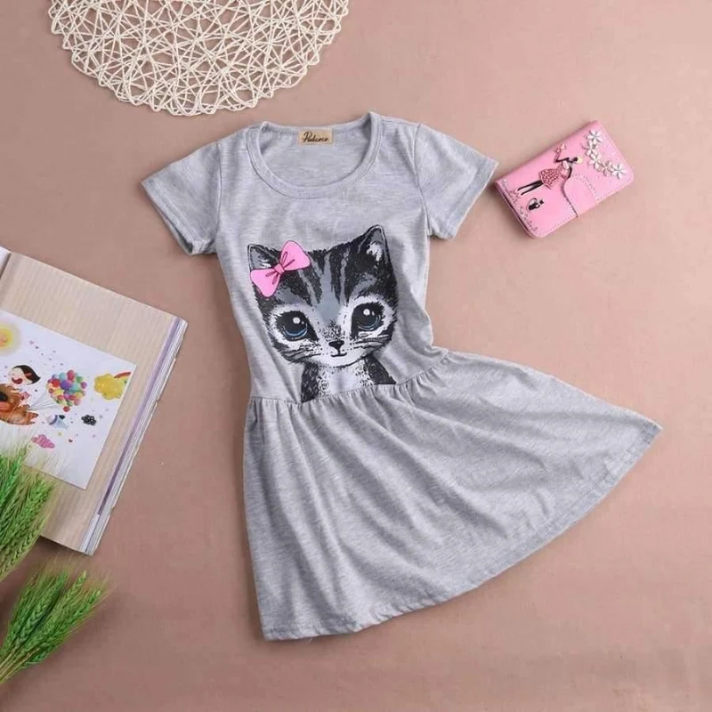 Summer girl dress cat print grey baby girl dress children clothing children dress 0-8years kids dresses
