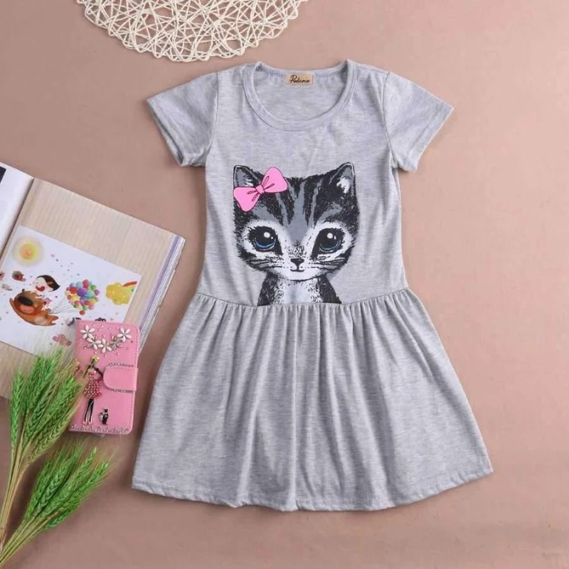 Summer girl dress cat print grey baby girl dress children clothing children dress 0-8years kids dresses
